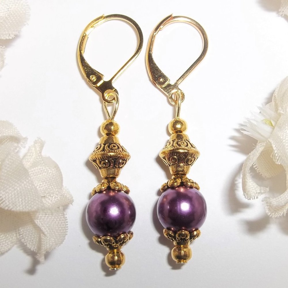 Gold and Purple Faux Freshwater Pearl Earring Set, Pearl, Earring, Purple 7463